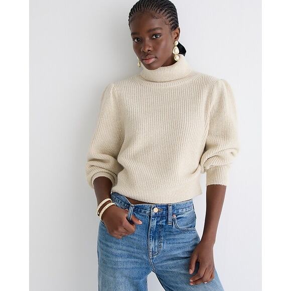 J Crew Women’s Cropped Puff-Sleeve Turtleneck Sweater Cream Sz S Basic Essential - Picture 1 of 10